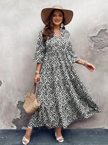 SHEIN LUNE Plus Size Women V-Neck Long Sleeve All Over Print Casual Loose Dress
