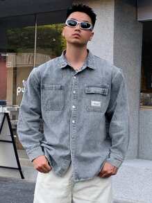 DAZY 男士休闲纽扣口袋长袖时尚街头风格牛仔衬衫秋冬 - 灰色 - 查看 3