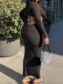 SHEIN Slayr Women's Spring And Summer Solid Color Deep V Waist Hollow Long Sleeve Sexy Slim Dress - Black - View 3