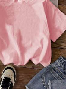 SHEIN Camiseta de manga corta, cuello redondo, informal y sencilla para niña preadolescente, adecuada para primavera y verano