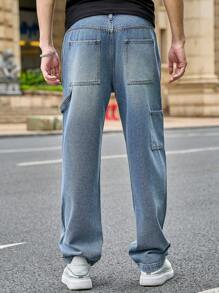 Manfinity Homme Men's Button Waistband Straight Leg Distressed Design Fashion Jeans - Blue - View 2