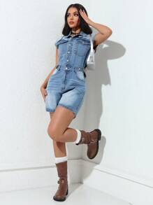 SHEIN EZwear Denim-Jumpsuit für den Sommer mit Knopfleiste, Träger, Tasche und Kragen-Revers - Helle Waschung - Übersicht 8