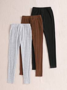 SHEIN 3 件装 Tween 女童基本款纯色弹力针织紧身裤 - 彩色 - 查看 3