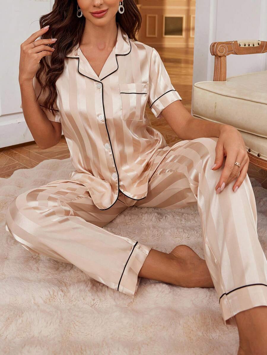 女士条纹提花睡衣套装 - 香檳色 - 查看 1