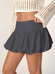 SHEIN Unity Women's Solid Color Ruffle Hem Casual Mid Skirt - Grey - View 3