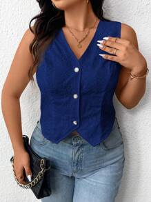 SHEIN Frenchy Plus Size Embroidered Textured Sleeveless Shirt - Navy Blue - View 1
