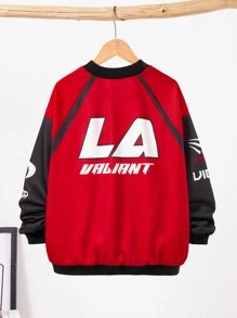 SHEIN Tween Boy Casual Streetwear Knitted Jacket With Letter And Numeric Patterns, Zipper Closure, Lightweight Fabric - Red - View 2