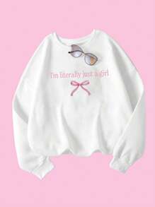 Flirla Plus Size Women Slogan & Bow Applique Sweatshirt, Fall/Winter Pullover Autumn