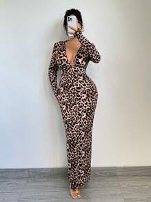 SHEIN SXY Outfit für den Herbst Kleider mit langen Ärmeln und tiefem V-Ausschnitt mit Leoprint für Damen - Verschiedenfarbig - Übersicht 1