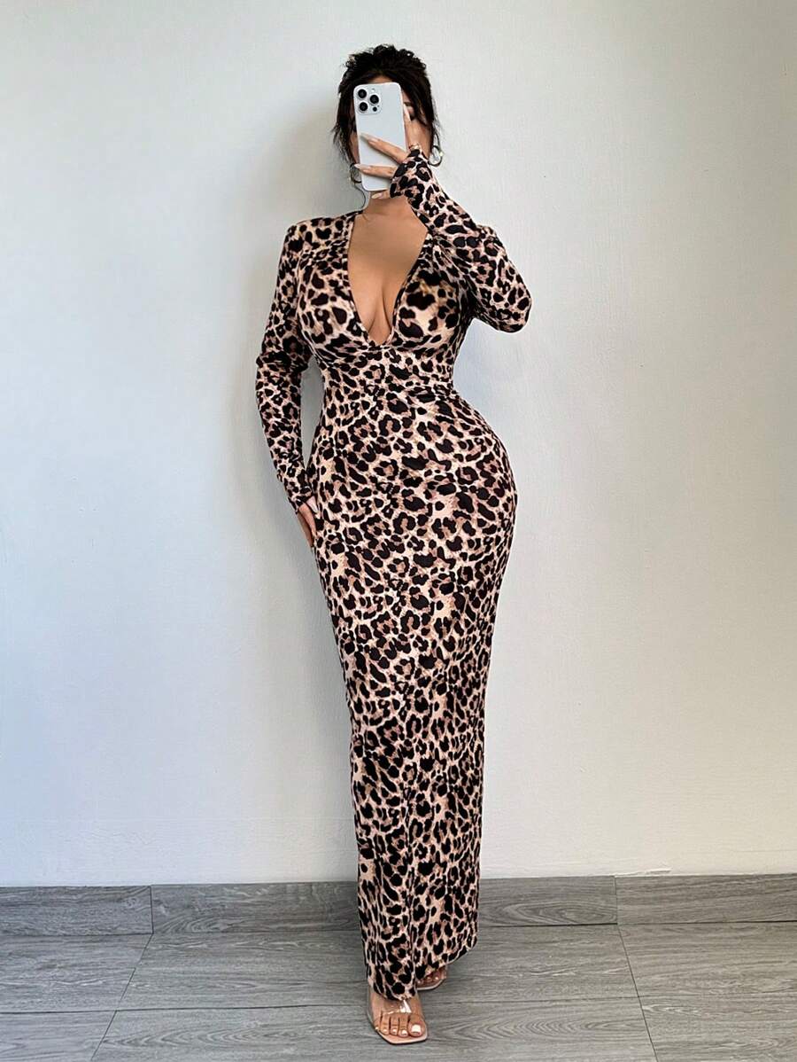 SHEIN SXY Outfit für den Herbst Kleider mit langen Ärmeln und tiefem V-Ausschnitt mit Leoprint für Damen - Verschiedenfarbig - Übersicht 1