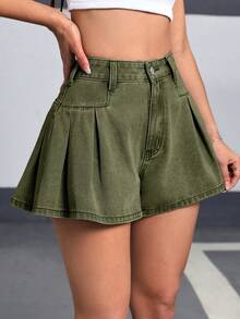SHEIN EZwear 女士夏季休闲水洗阔腿牛仔短裤 - 軍綠色 - 查看 6