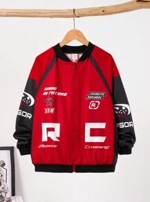 SHEIN Tween Boy Casual Streetwear Knitted Jacket With Letter And Numeric Patterns, Zipper Closure, Lightweight Fabric - Red - View 3