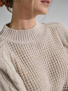 SHEIN Cottnline Cable & Waffle Knit Lantern Sleeve & Slit Skirt Co-Ords - Beige - View 6