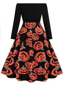 Flirla Plus Size Halloween Contrast Pumpkin Print Off Shoulder Midi Dress, Women Fall Clothes - Black - View 2