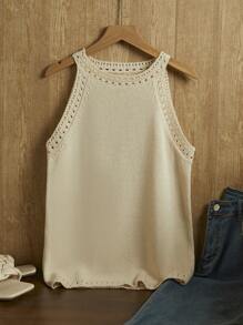 Uhlyne 女士春秋纯色镂空挂脖宽松休闲针织上衣 - 杏色 - 查看 2