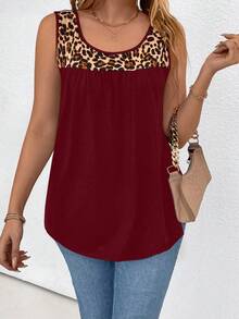 SHEIN LUNE Áo ba lỗ cổ tròn in họa tiết da báo cỡ lớn màu sắc rộng rãi thường ngày - Màu Đỏ Sâu - Xem 5