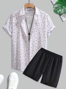 Genlund 2pcs Big & Tall Men Digital Print Asymmetrical Short Sleeve Shirt And Drawstring Casual Shorts Set - Multicolor - View 1