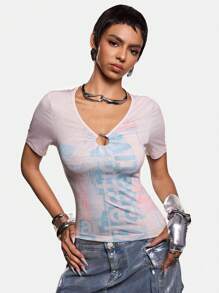 VRSO Artist Casual Print Distressed Crop Fitted Women Top Y2K Style,For Summer, Holiday, Going Out, Festival, Western Wear