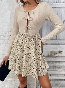 SHEIN Privé Robe mi-longue élégante à imprimé floral et unicolore pour femme, nouée sur le devant, col rond, ligne a - Multicolore - Voir 5