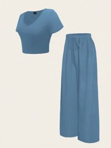 SHEIN LUNE 2 件女式 V 领短袖 T 恤上衣和抽绳阔腿休闲裤套装 - 藍色 - 查看 3