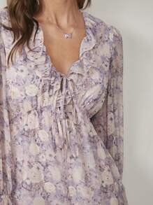 SHEIN 女士优雅纯色不对称领口荷叶边连体裤，夏季 - 紫色 - 查看 6