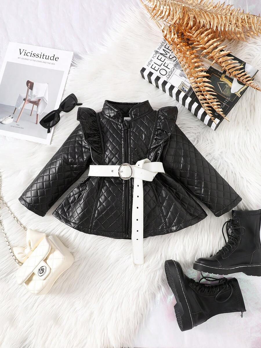 Baby Girls Plaid Long Sleeve Padded Coat - Black - View 1