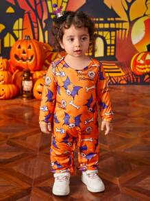 Newborn Baby Girl Halloween Graphic Print Jumpsuit, Casual Daily Wear, For Halloween Party