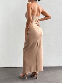 SHEIN Cottnline Quý cô Màu thuần Quây Khe Thiết kế Váy bodycon - Màu be - Xem 2