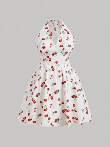 SHEIN MOD Plus Size Cherry Print Spaghetti Strap Backless Sleeveless Dress