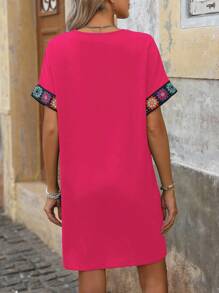 Breezaya V-Neck Raglan Sleeve  Woven Tape Patchwork Dress - Hot Pink - View 2