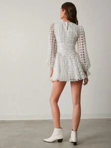 Enchnt 女士圆领长袖收腰优雅迷人时尚连衣裙 - 白色 - 查看 4