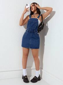 SHEIN EZwear 女士夏季口袋休闲宽松牛仔连衣裤 - 藍色 - 查看 4