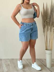 RueChic Plus Elastic Band And Back Pocket Detailed Short - Medium Wash - View 6