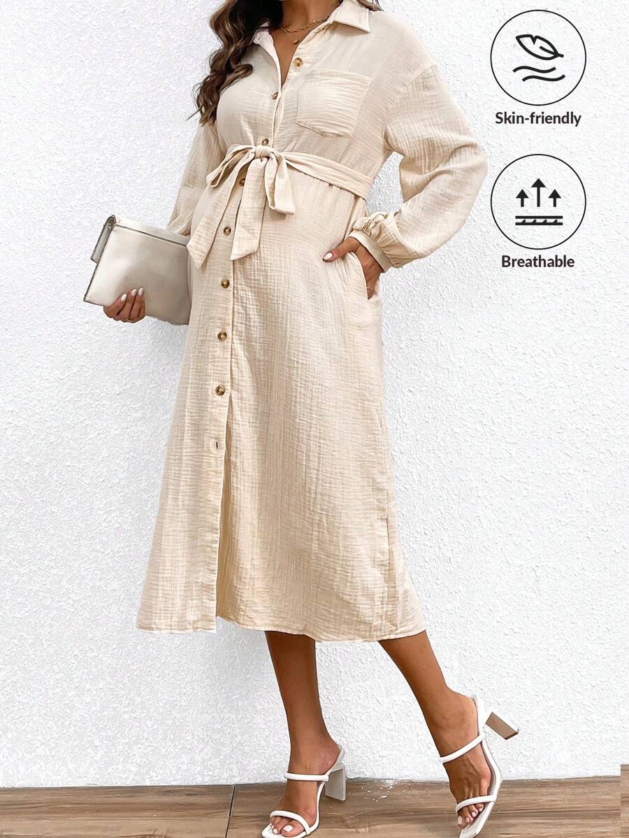 SHEIN Maternity Button Front Belted Solid Casual Shirt Dress - Khaki - View 1