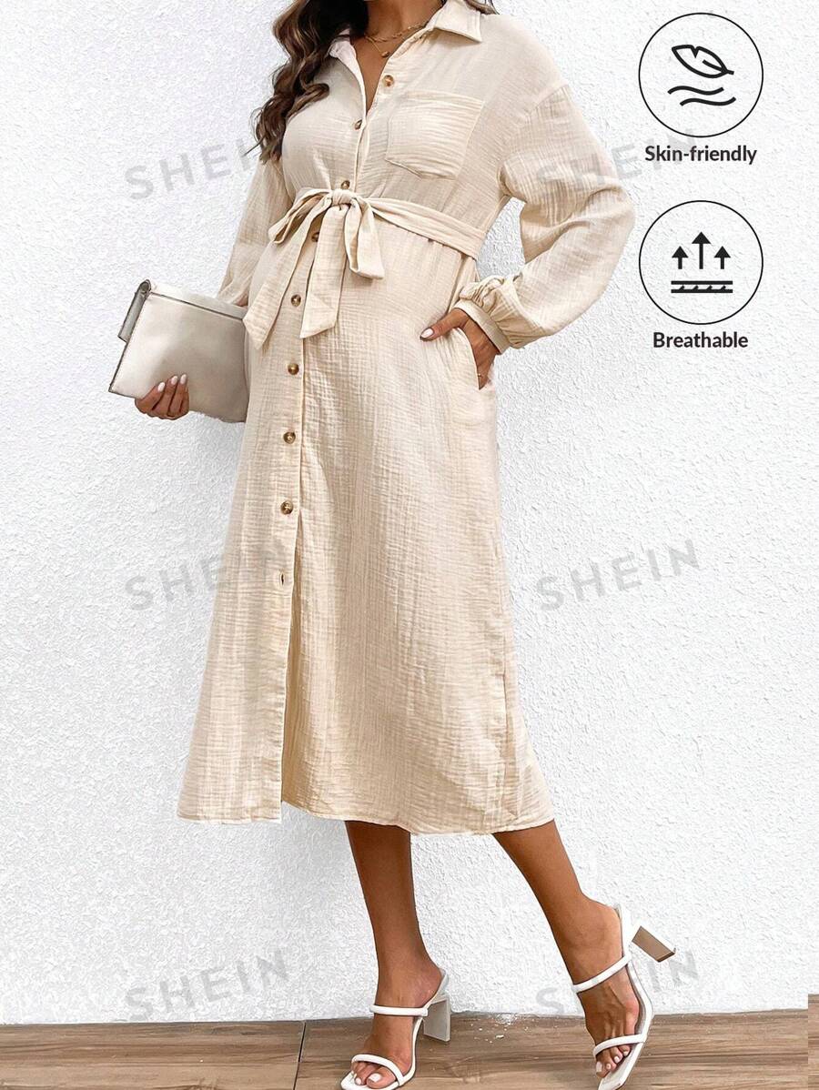 SHEIN Vestido casual de maternidad sólido con botones delanteros y cinturón