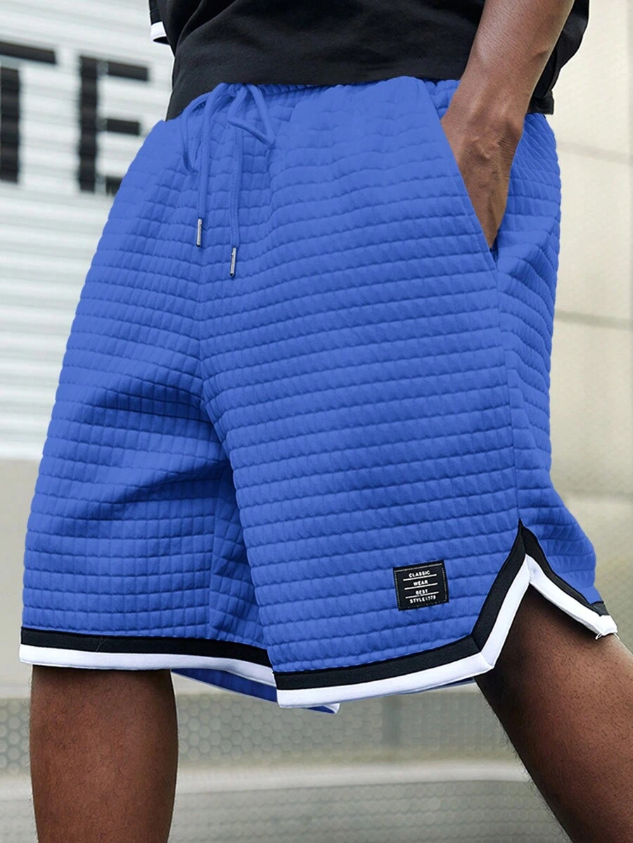 AXEPEAK Men Letter Patched Striped Trim Drawstring Waist Summer Gym Shorts, School, Streetwear Inspired - Blue - View 1