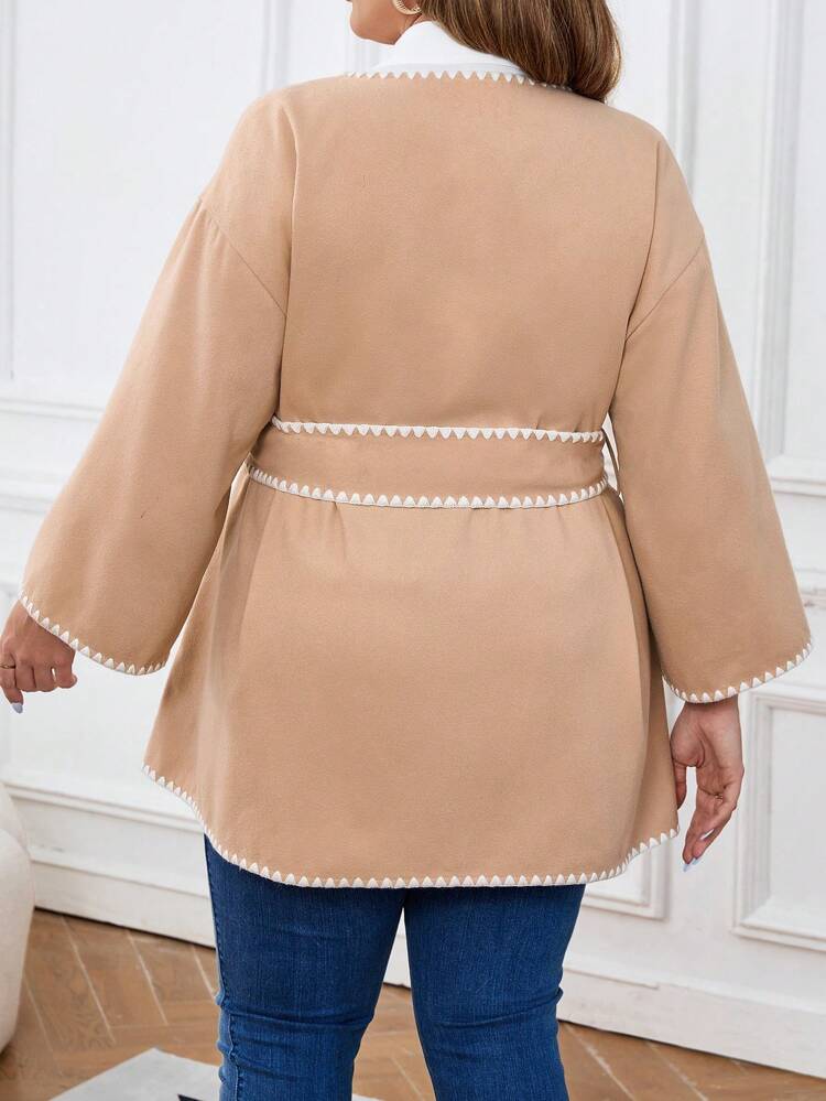 Plus Size Women Floral Trim Long Sleeve Casual Wool Blend Jacket Winter Women Thermal Coat, Fall/Winter