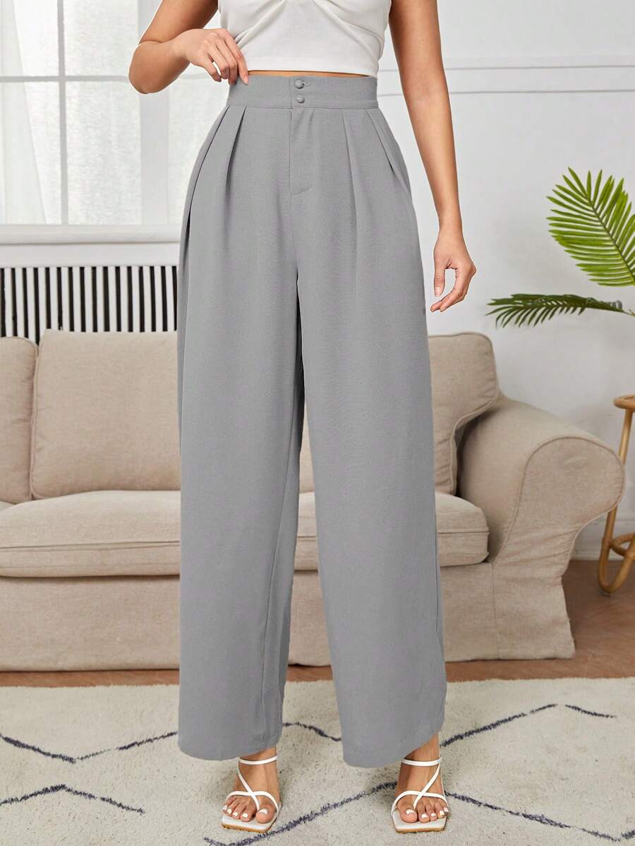 SHEIN PETITE High Waist Plicated Wide Leg Black Pants ,Petite Women - Grey - View 1