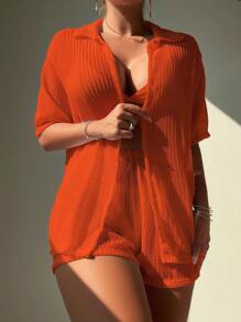 SHEIN Swim Summer Beach Women's Solid Color Simple Daily Hollow Out Cover Up 2pcs/Set - Burnt Orange - View 5