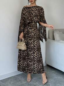 Calvaya Women Leopard Print Hooded Cape Dress Maxi Women Outfit