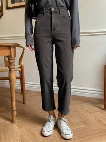 DAZY 纯色休闲直筒牛仔裤，有口袋 - 深灰色 - 查看 4