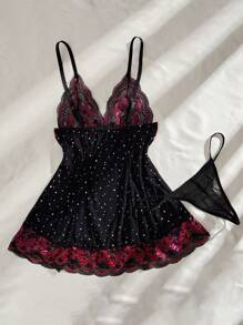 SHEIN 2件套性感夜店女士蕾丝拼布吊带连衣裙套装，适合外出穿着 - 酒紅色 - 查看 2