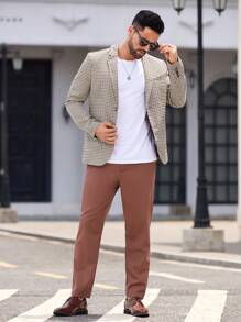 Manfinity VCAY 2 pezzi Completo da uomo - Giacca casual sartoriale in tessuto gingham intrecciato e pantaloni casual a gamba dritta, abbigliamento da ufficio per primavera e autunno