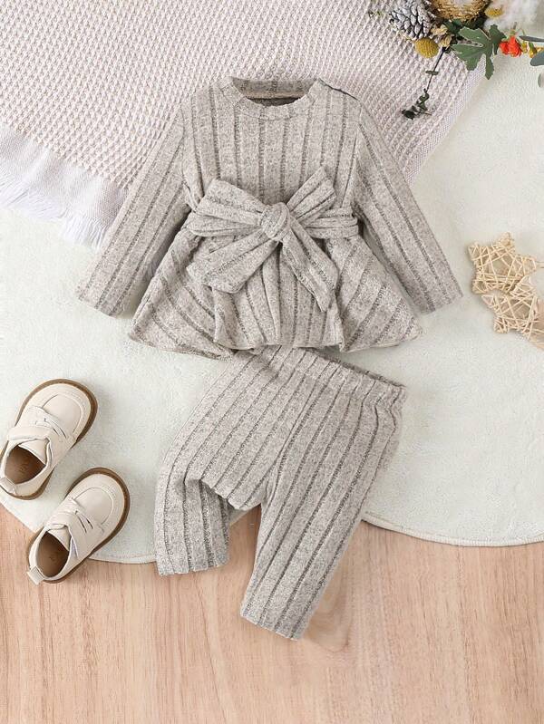 SHEIN Ensemble blouse et pantalon avec volants, ceinture, look chic casual élégant simple et confortable pour bébé fille, automne/hiver