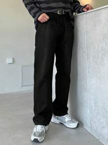 DAZY Men's Solid Color Pocket Simple Casual Denim Jeans, Autumn - Black - View 5