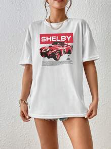 INAWLY Camiseta de manga corta holgada de verano con estampado de eslogan y coche para mujer