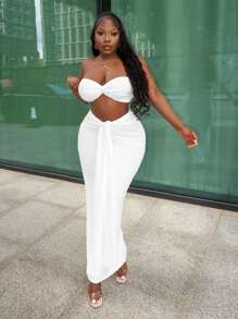 Slaydiva 2 pièces Top bandeau et jupe maxi texturée à volants et taille haute pour femme, tenue tout en blanc, pour vacances et fête sur la plage