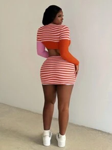 Slaydiva 2pcs Casual Street Style Women's Crew Neck Long Sleeve Colorblock Striped Cropped Sweater And High Waist Tight Fitting Colorblock Striped Mini Skirt Set - Z - Multicolor - View 2