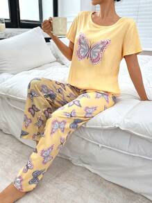 Butterfly Printed Short Sleeve Pajama Set - Yellow - View 3