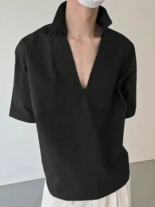 Camisa negra de manga corta minimalista y casual de unicolor para hombres - Negro - Ver 4